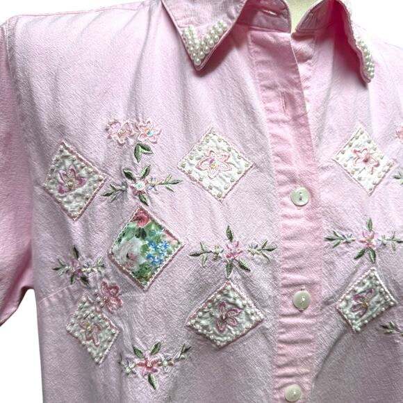 Vintage Jane Ashley Floral Pearl Embellished Short Sleeve Button Up Pink 14/16 - Picture 2 of 8
